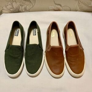 Two Keds Women’s Slip On Sneakers - Green Fabric, Brown Faux Leather - Size 6.5